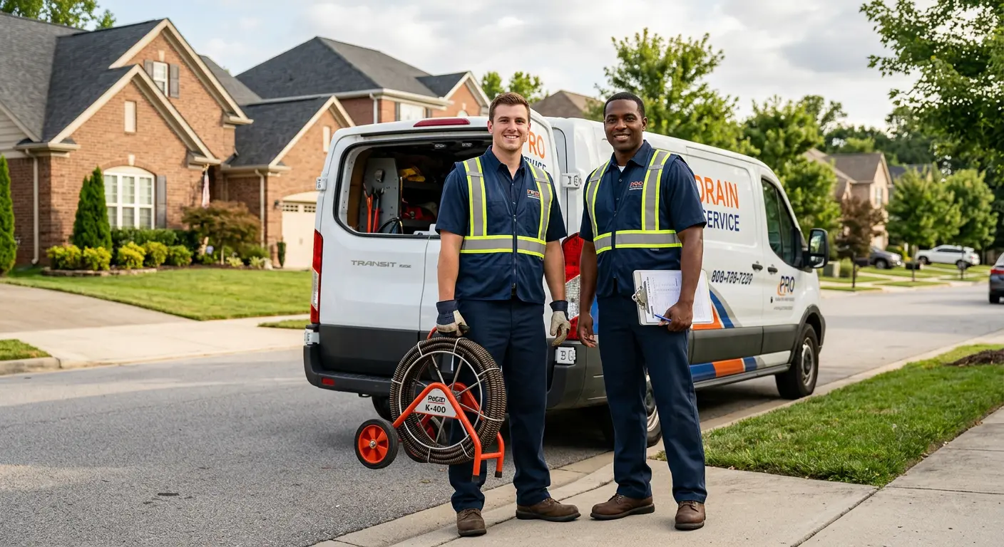 Sewer and drain service team with equipment ready for work in Pelham Manor