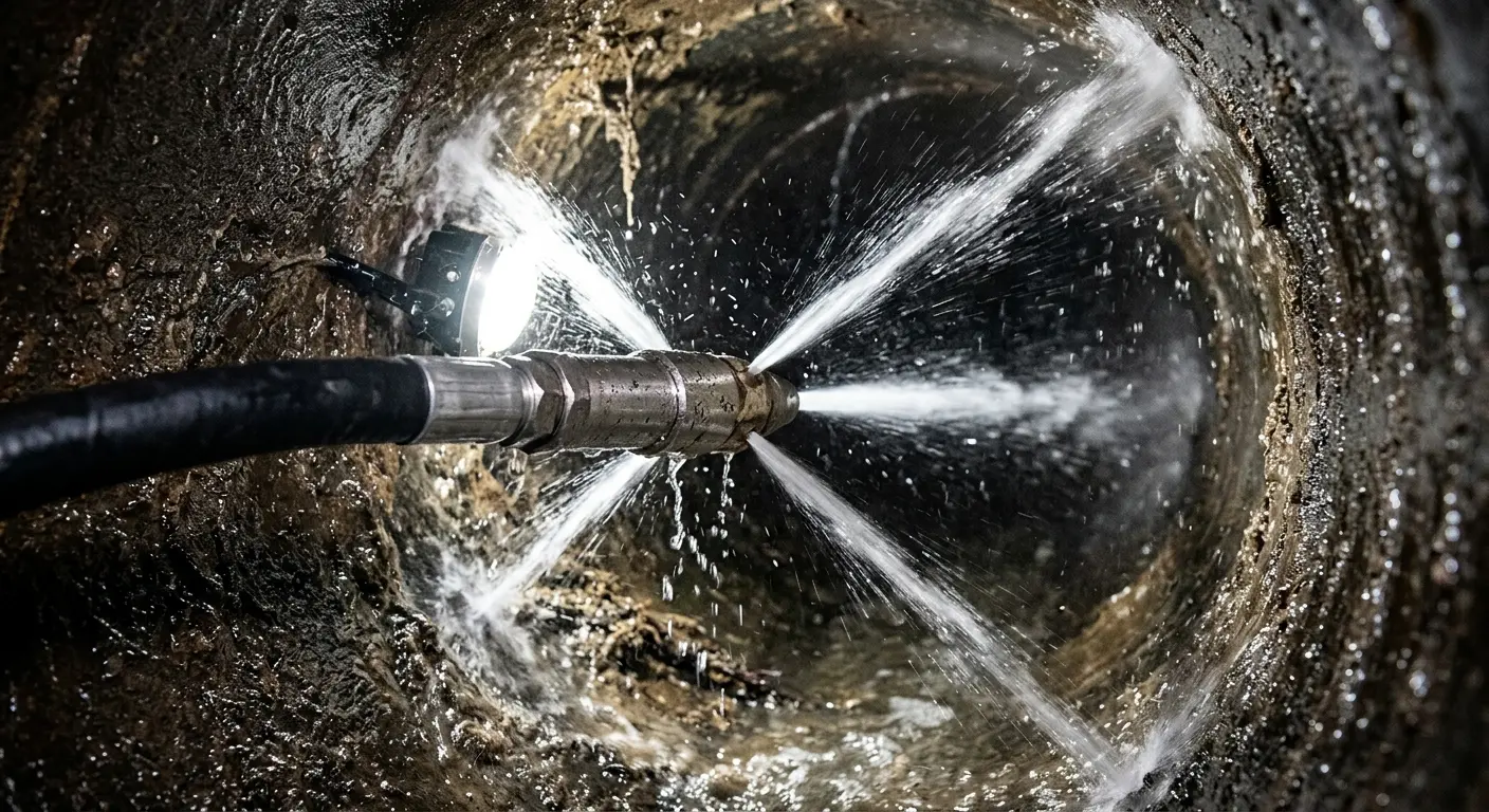 High-pressure hydro jetting nozzle cleaning sewer pipe for Storm Drain Cleaning in Pelham Manor