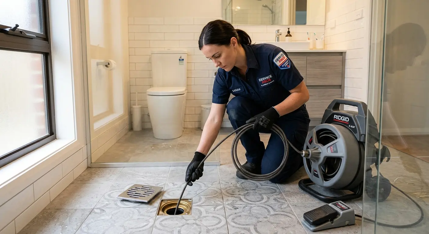 Technician clearing a bathroom floor drain for Clogged Drain Repair in Pelham Manor